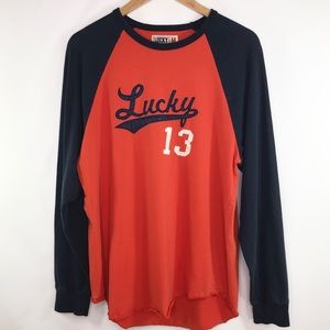 Lucky Brand orange/blue embroidered “Lucky 13” tee